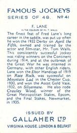 1936 Gallaher Famous Jockeys #41 Fred Lane Back